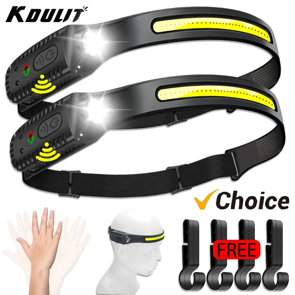 lampe frontale led rechargeable usb noir jaune rayures ajustable crochets camping pêche