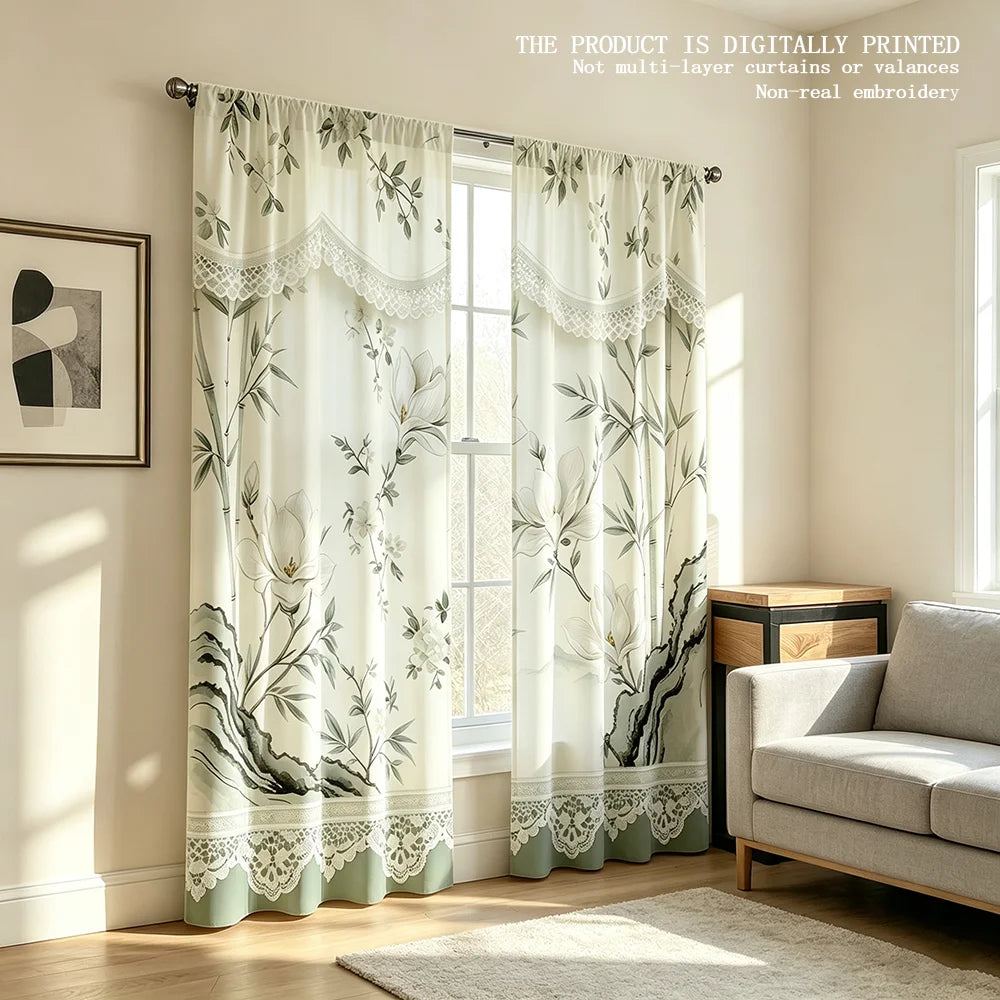 rideau imprimé fleurs feuilles dentelle semi transparent classique romantique salon anneaux métalliques polyester
