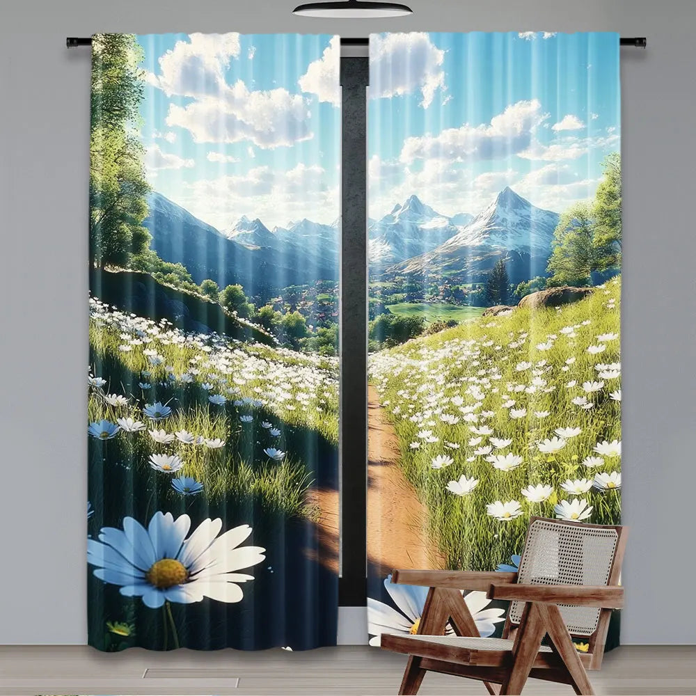 rideau pastoral opacité bleu blanc vert gris pièces 100% polyester paysage marguerites nuages herbe