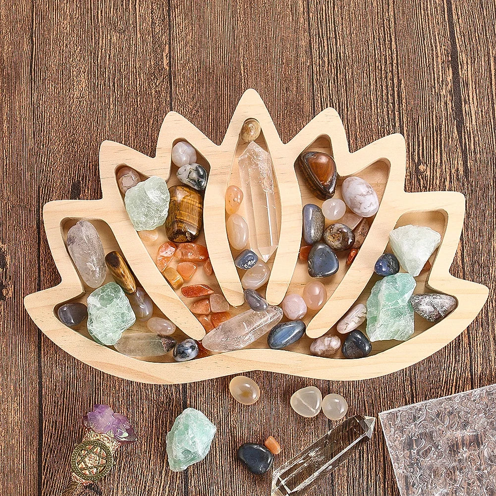 boîte rangement bois plateau lotus pierres cristaux décor maison spirituel zen ornement