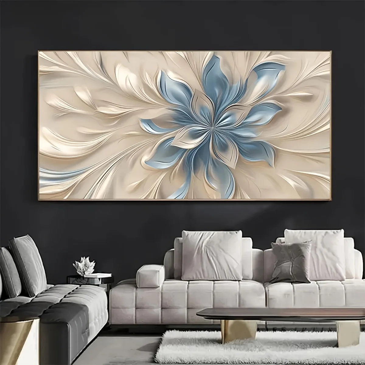 tableau moderne toile abstraite fleurs beige bleu gris opaque sans cadre 50x100cm 50x150cm
