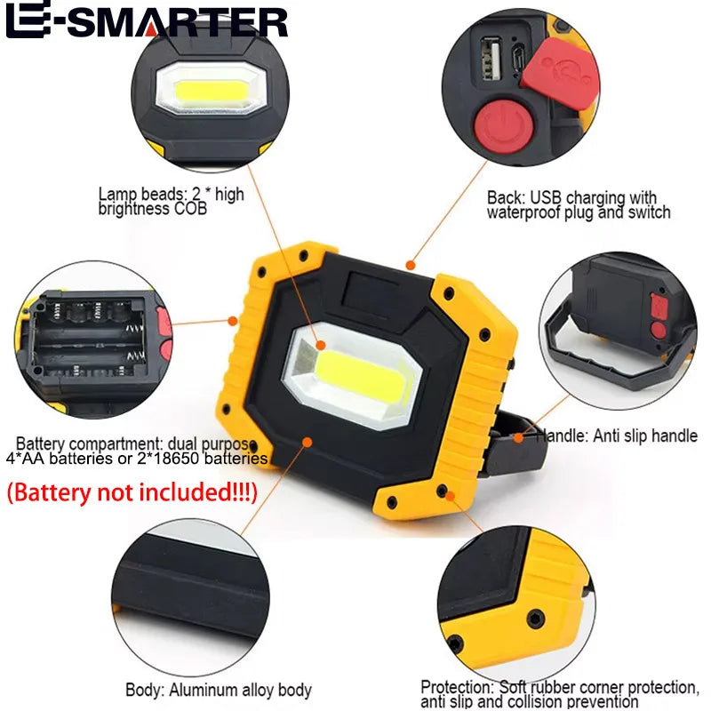 projecteur led multifonctionnel industriel jaune noir compartiment piles usb