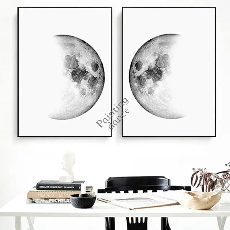 toile d'art minimaliste lune noir blanc chambre salon decoration intérieure classic vertical unique sans