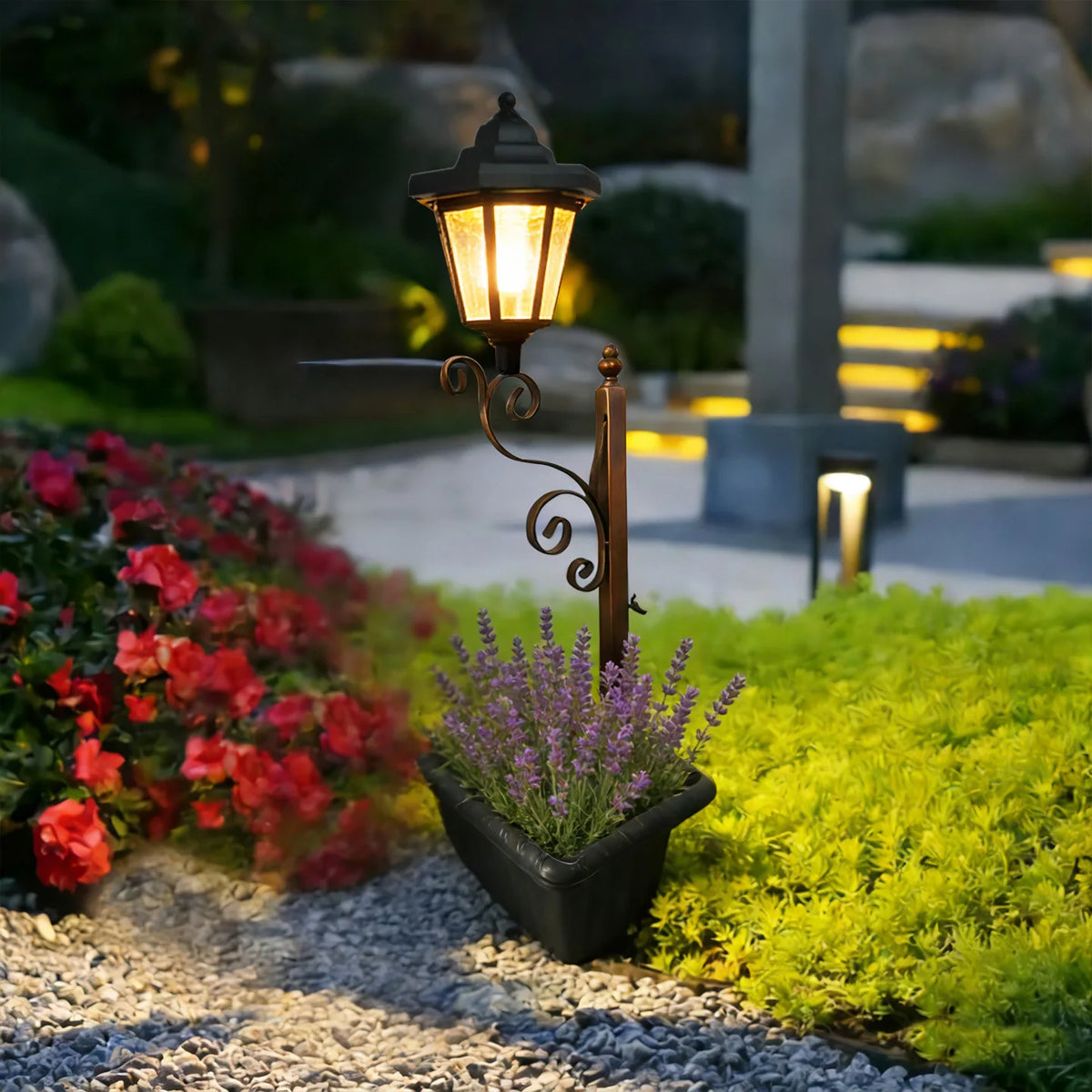 lampe solaire classique métal forgé pot fleurs noir extérieur ambiance jardin led 12v 6w