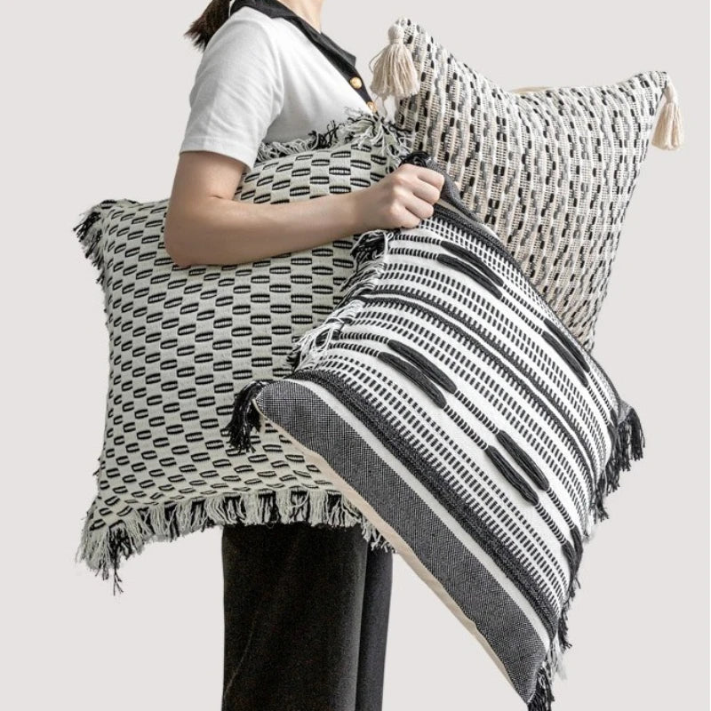 housses coussins géométriques bohémiennes coton lin blanc noir décoratives voiture maison adhésives 45x45cm 30x50cm