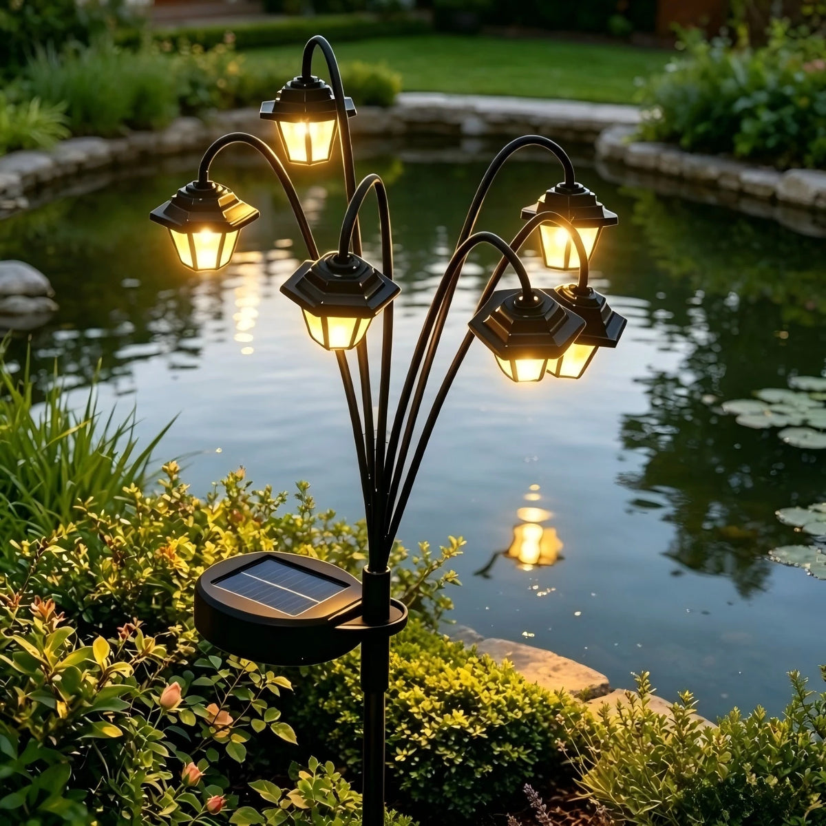 lampe solaire jardin floral moderne noire autoallumage extinctions ensoleilée patio ornement piquet panneau solaire