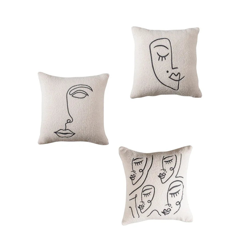 coussin abstrait brodé visages blanc moderne nordique 45x45cm decoration canapé chaise véhicule