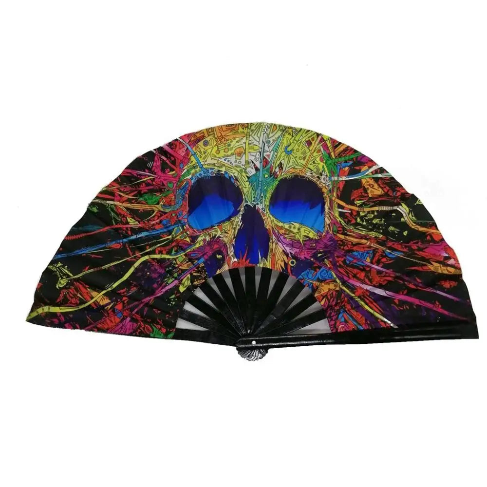 éventail pliant bambou tissu noir multicolore motif géométrique classique moderne