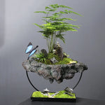 Bonsaï miniature artificiel feuilles vertes roche grise papillon bleu support métallique intérieur décoration vert