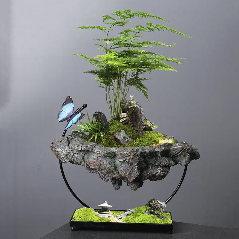 Bonsaï miniature artificiel feuilles vertes roche grise papillon bleu support métallique intérieur décoration vert