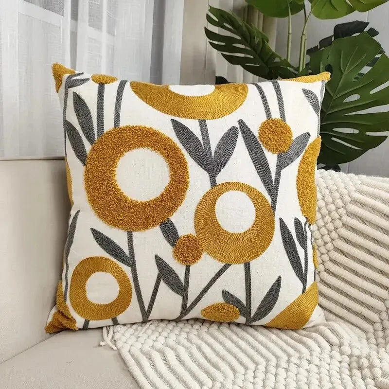 housse coussin carré motif floral moderne jaune gris coton blanc élégante