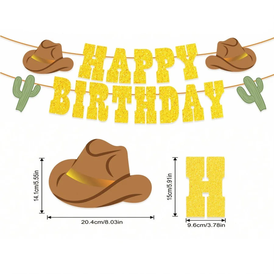 guirlande fête or pailletée chapeaux cowboys lettres happy birthday cactus western