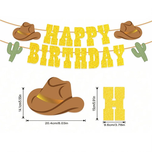 guirlande fête or pailletée chapeaux cowboys lettres happy birthday cactus western