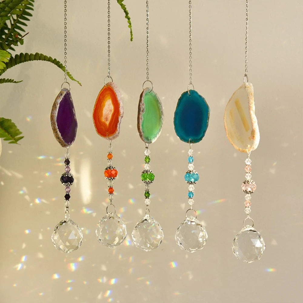 pendentif solaire agate naturelle colorées boule cristal bohème violet orange vert bleu beige