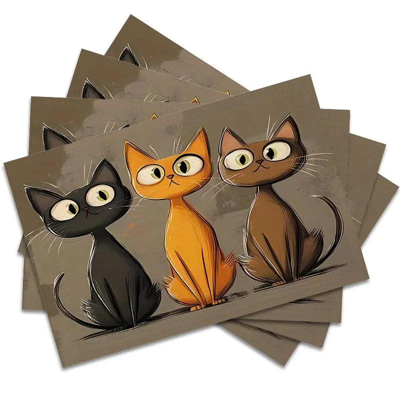 tapis table moderne chats dessin animé noir orange marron fourchettes couteaux assiettes blancs pain