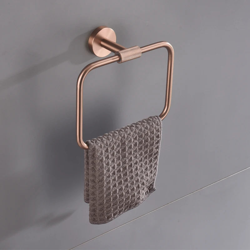 ensemble accessoires salle bain moderne métal or rose porte serviettes barre crochet mural