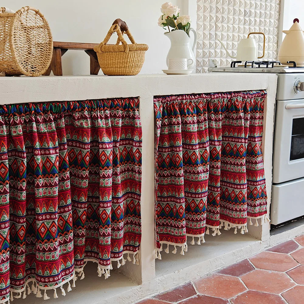 rideau géométrique rouge boho chic triangles polyester opaques cuisine facile