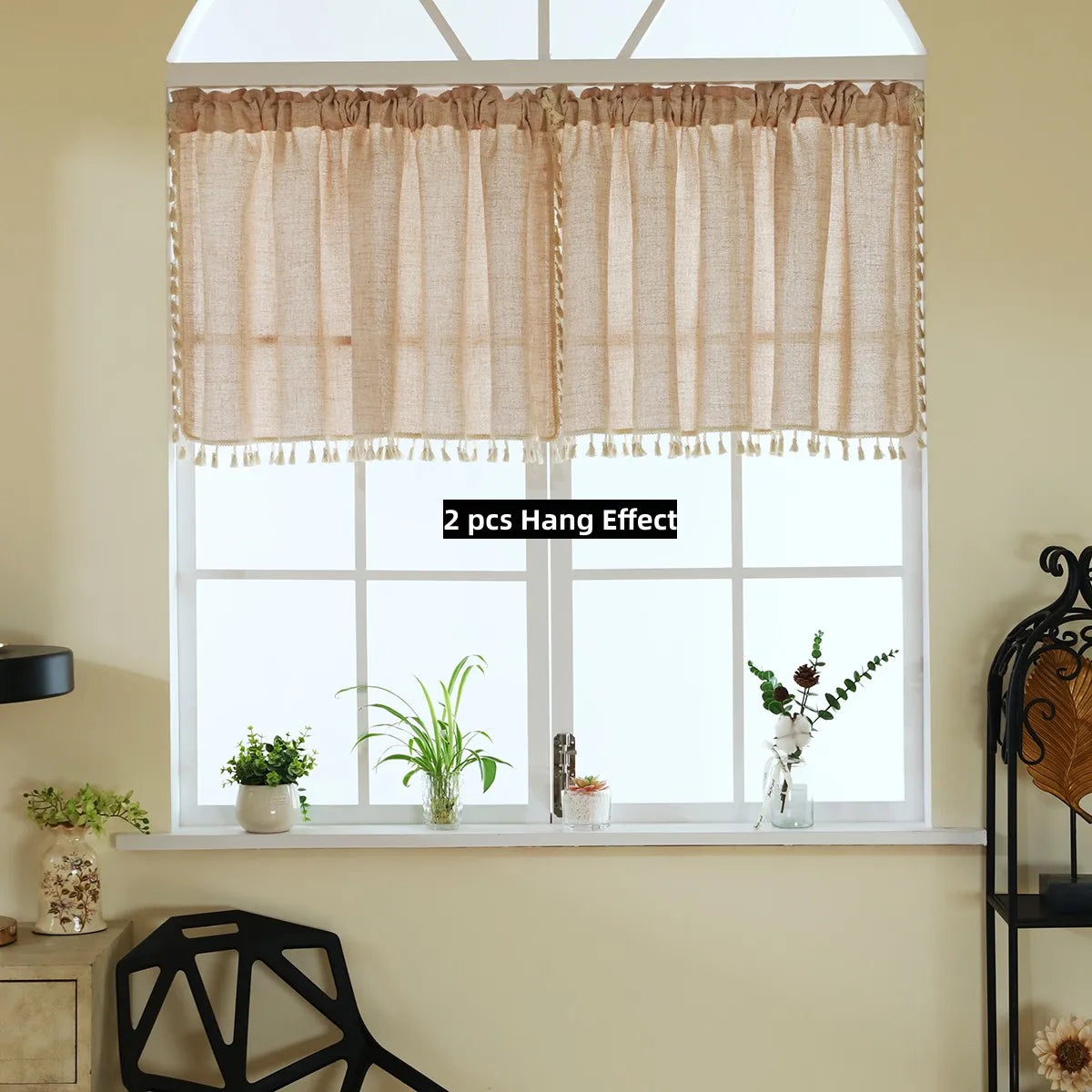 rideau rustique texture lin opacité beige clair 130cm large chambre cuisine decoration