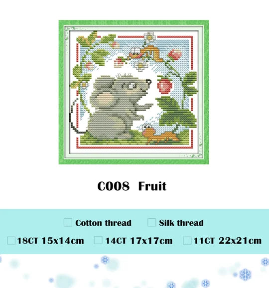 Kit broderie animaux hiver fruits instructions toile fil coton soie