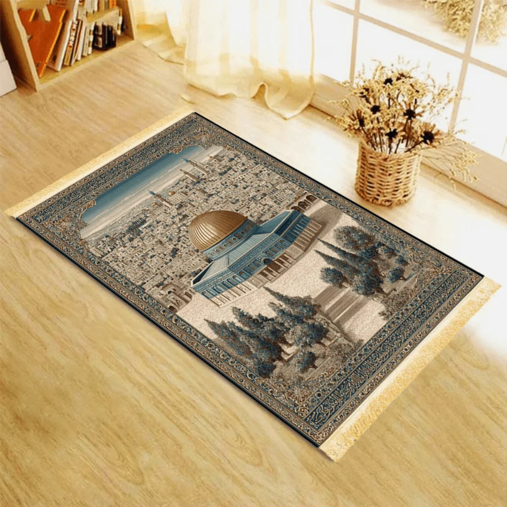 tapis bleu beige doré motif architectural rétro résistant lavage main machine usage multipleextérieurporte İslam