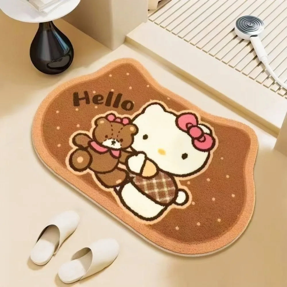 tapis salle bain hello kitty flocage antidérapant absorbant rapide rose blanc marron motifs