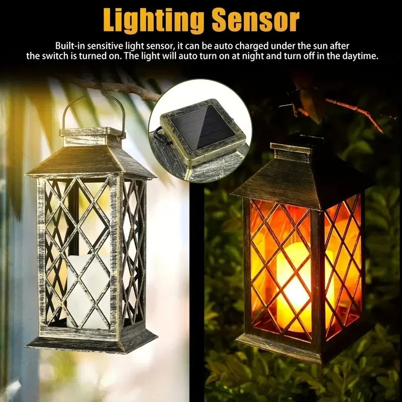 lanterne solaire marron doré carreaux vintage bougie led ip65 protection extérieure annuaire métallique