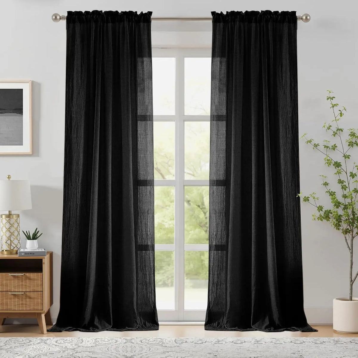 rideaux noir semi transparents texturés moderne minimaliste passe tringle chambre salon