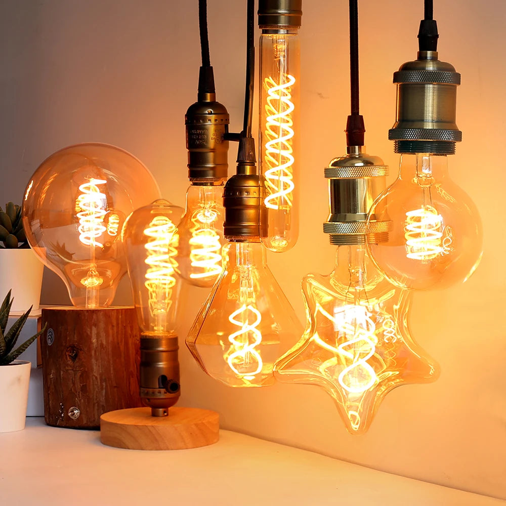 ampoules led transparentes spirale dorée vintage opalescentes rétro filaments e27 4w a60 st64 t45