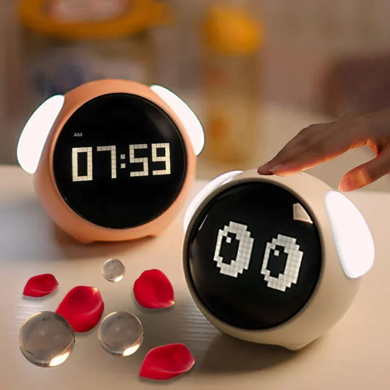 réveil numérique moderne emoji rose blanc date horloge 12 24 heures snooze veilleuse LED
