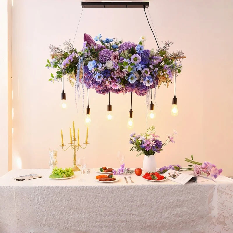 suspension lumineuse moderne violet fleurs artificielles chaîne noire led guirlande interrupteur tactile 2000lm