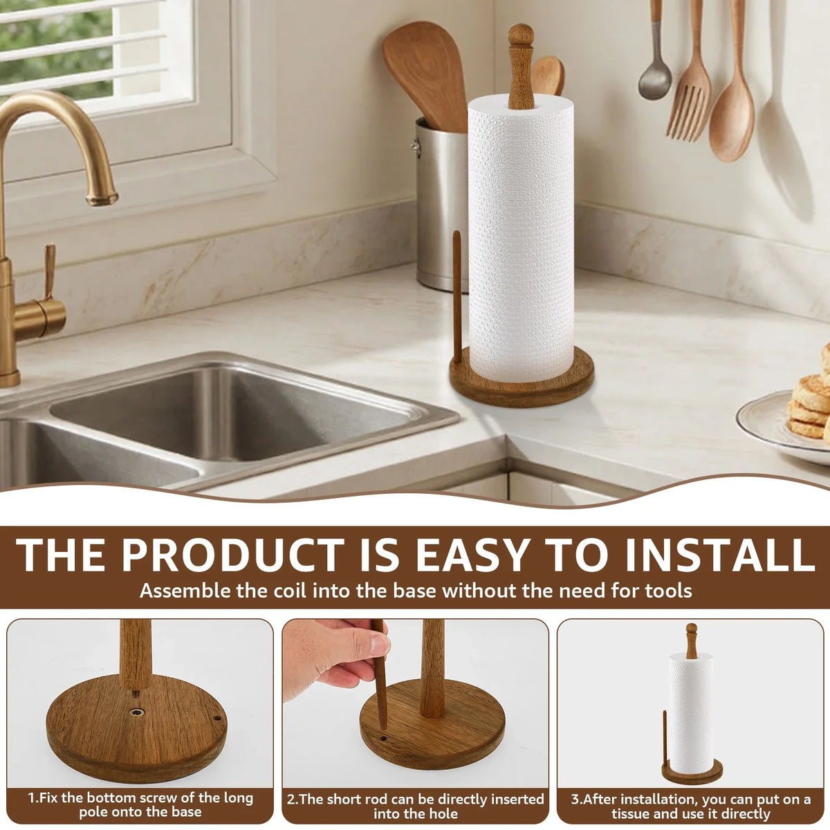 porte rouleau papier cuisine marron clair rustique deux tiges bois base circulaire anti dérapants