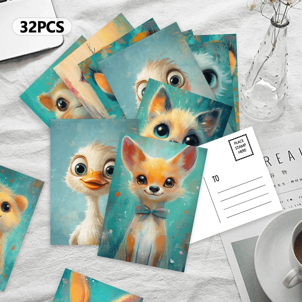 cartes postales animaux mignons oiseau chat lapin chien illustration bleu blanc orange gris marron