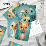 cartes postales animaux mignons oiseau chat lapin chien illustration bleu blanc orange gris marron