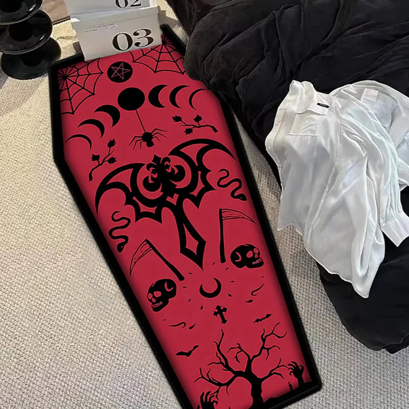 tapis gothique violet noir rouge blanc chauves souris crânes croix arbre moderne chambre coucher