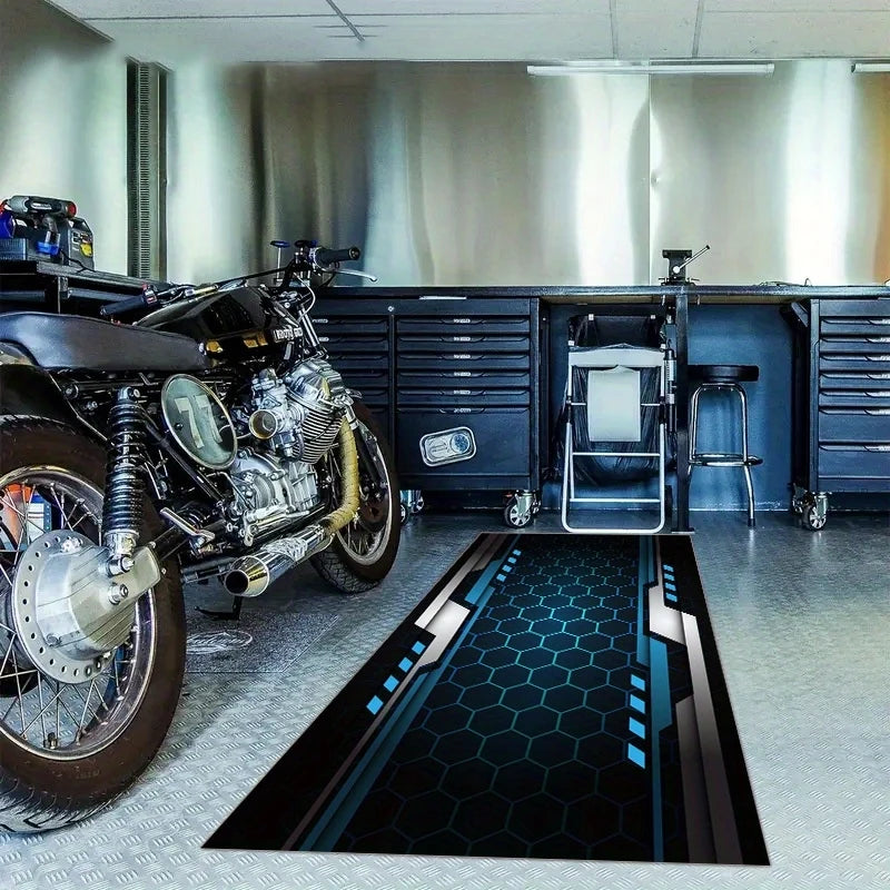 tapis noir hexagones bleus moderne antidérapant polyester garage intérieur extérieur sol porte