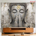décoration murale toile fond statue bouddha mains jointes feuille or moderne chambre
