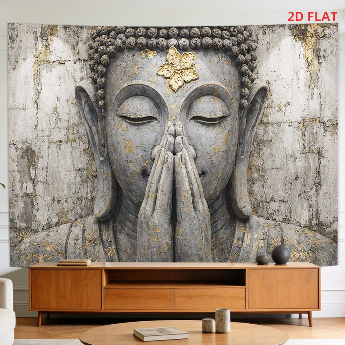 décoration murale toile fond statue bouddha mains jointes feuille or moderne chambre