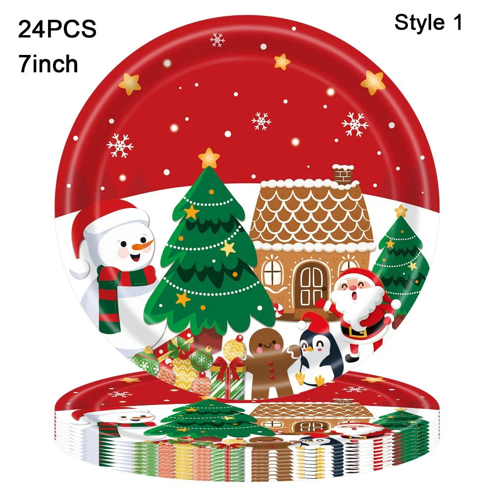 vaisselle noël 24 pièces assiettes fourchettes couteaux serviettes père noël motifs traditionnels rouge blanc