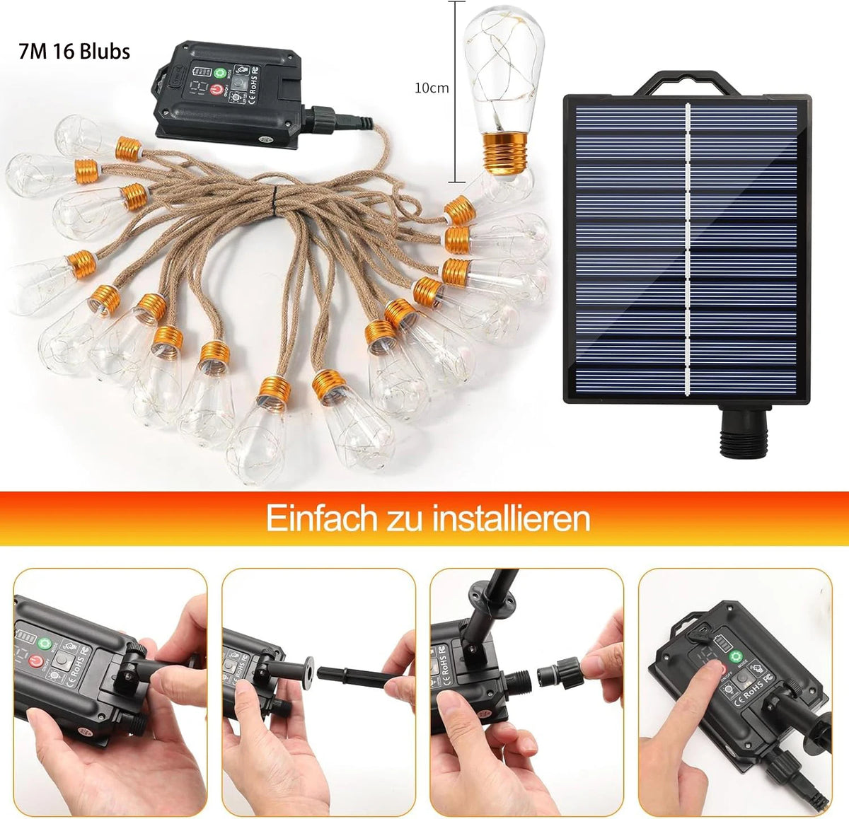 guirlande lumineuse solaire 16 ampoules vintage transparentes dorées extérieure autoinstallation led étanche ip65 abs