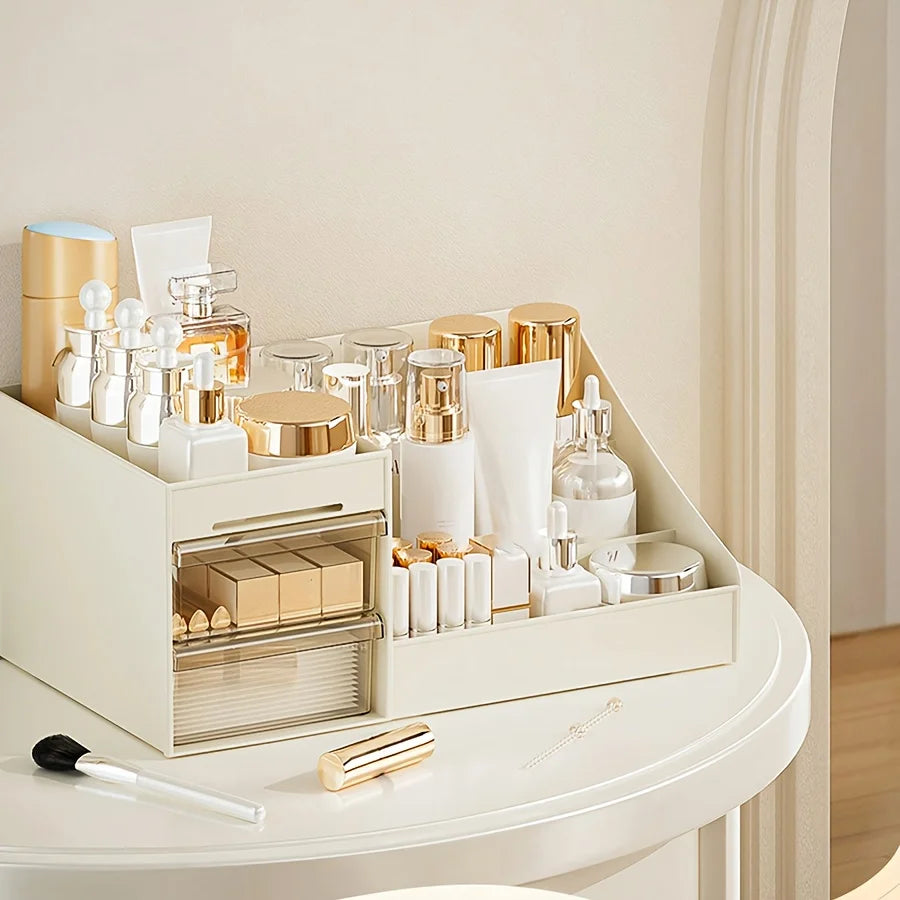 boîte rangement cosmétique beige clair moderne brosse parfum crème stylos accessoires maquillage