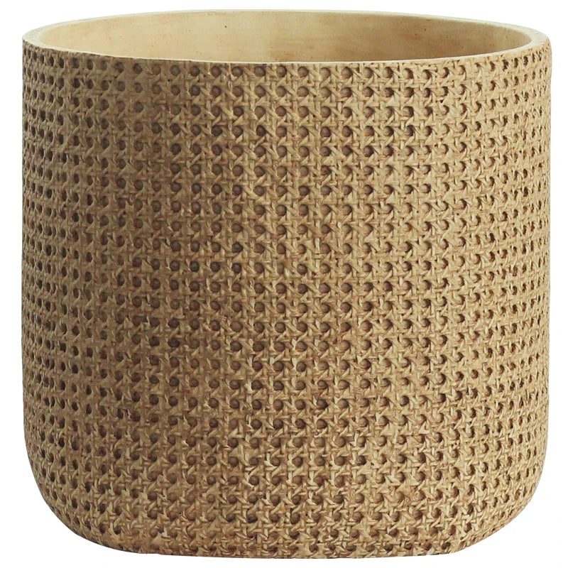 Pot plante tissé marron clair moderne rustique plante verte graines noires serviette blanche