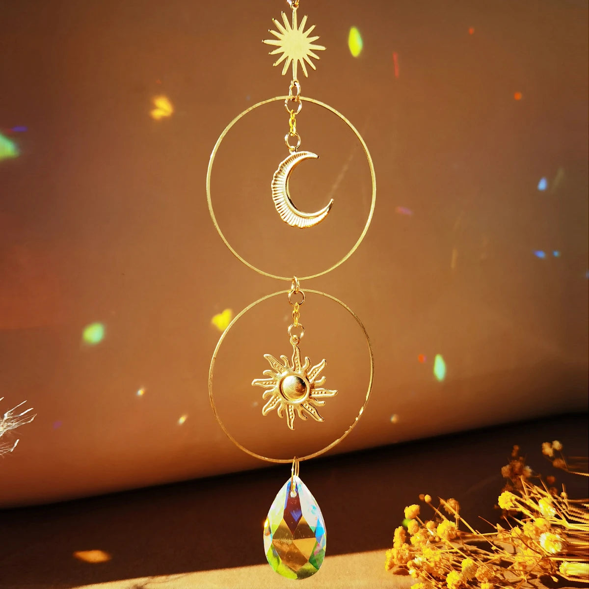 mobile solaire cristal lune étoiles fleurs décoration jardin intérieur suspendu boho romantique argent doré