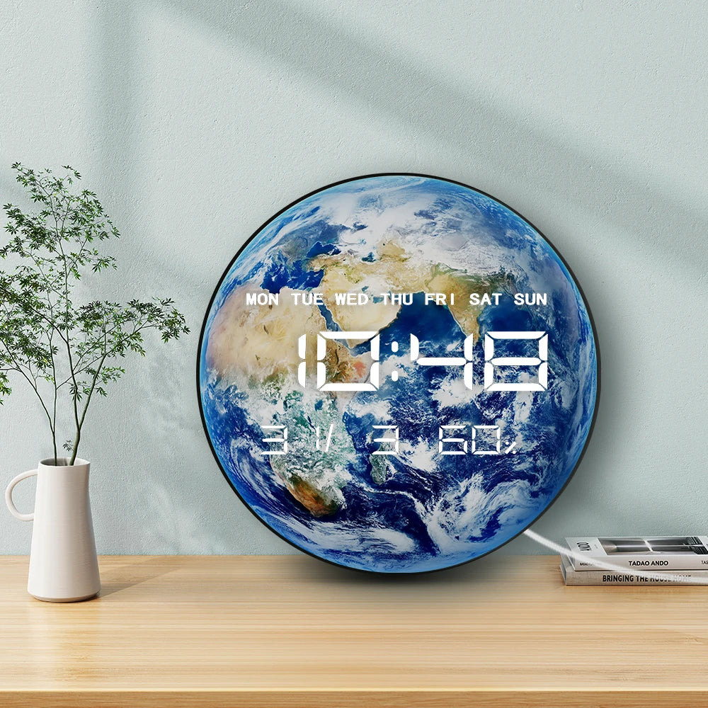 horloge murale moderne terrestre bleue océans continents numérique 30cm blanc