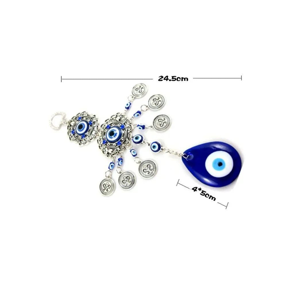Pendentif oeil turc bleu argenté motifs géométriques artisanal protection maison