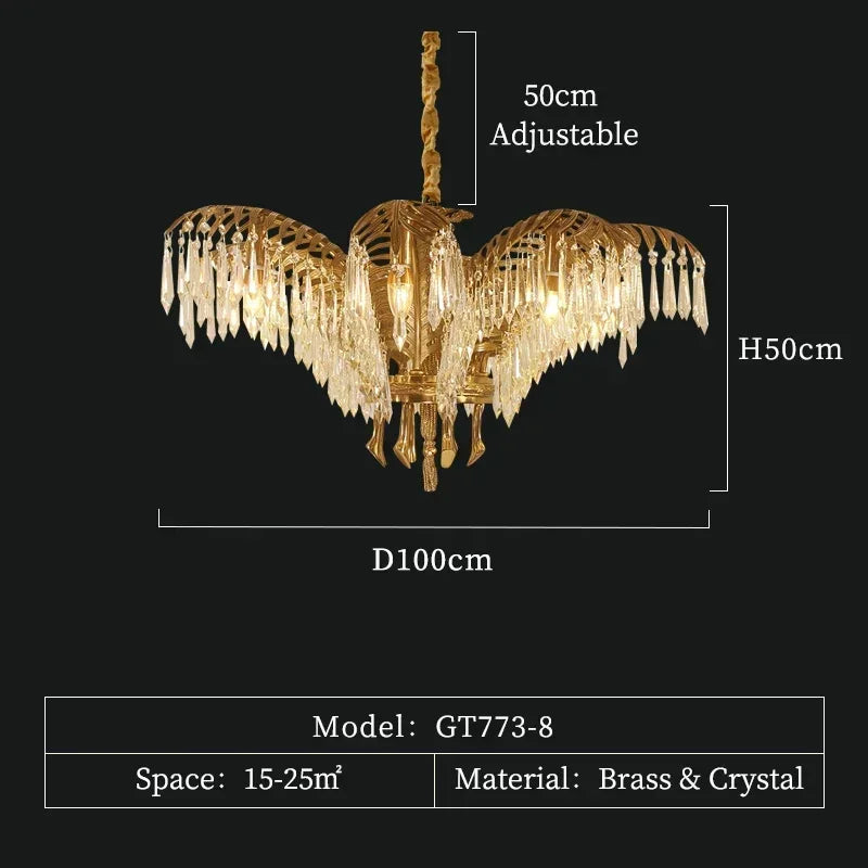 lustre vintage doré feuille palmier cristaux transparents pendentif grande salle