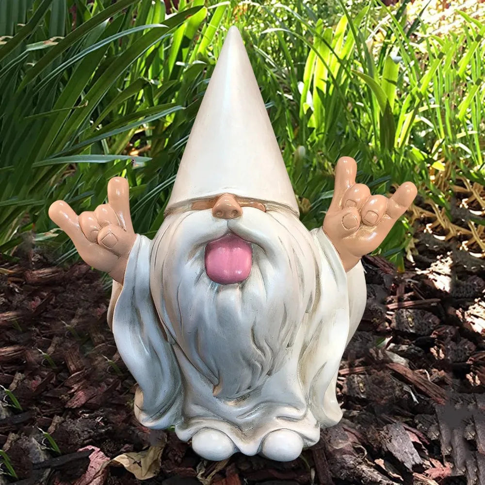 statue gnomes decoratifs resine blanche langue rose barbe cheveux chapeau pointu humoristique rocker vase