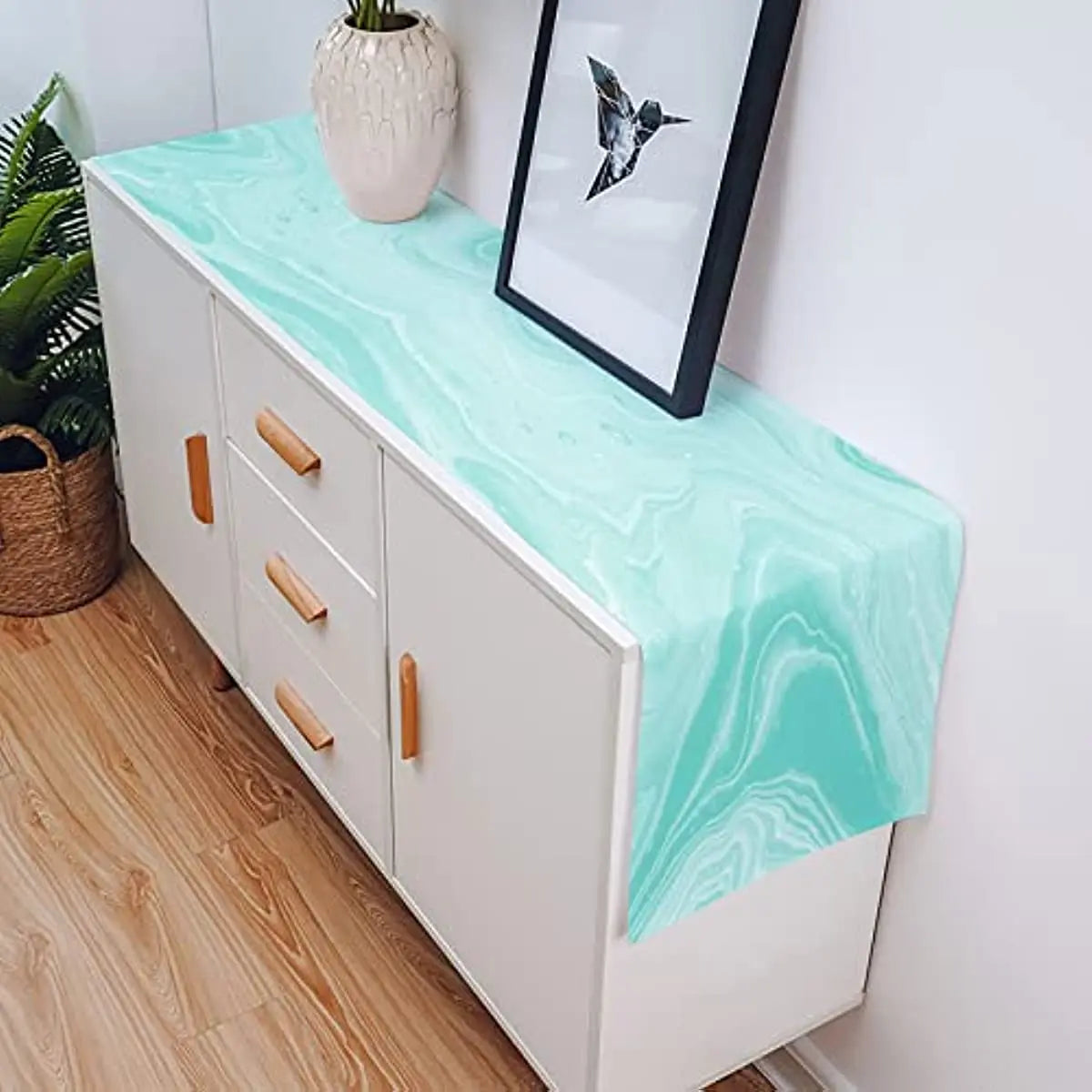 chimene table lin turquoise motifs marbre abstraits moderne élégants maison 100% lin 79x13inch