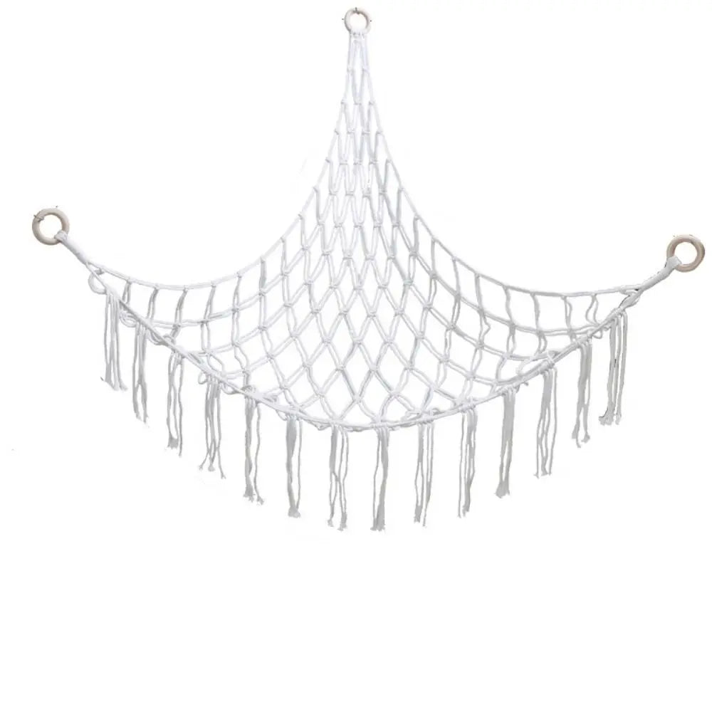 filet suspendu rose blanc maille régulière franges anneaux métalliques réutilisable créatif artisanal