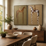 tableau moderne minimaliste chevaux stylisés motifs géométriques couleur marron beige noir blanc toile sans