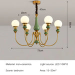 Chandelier classique vert doré globes blancs élégant chambre salon